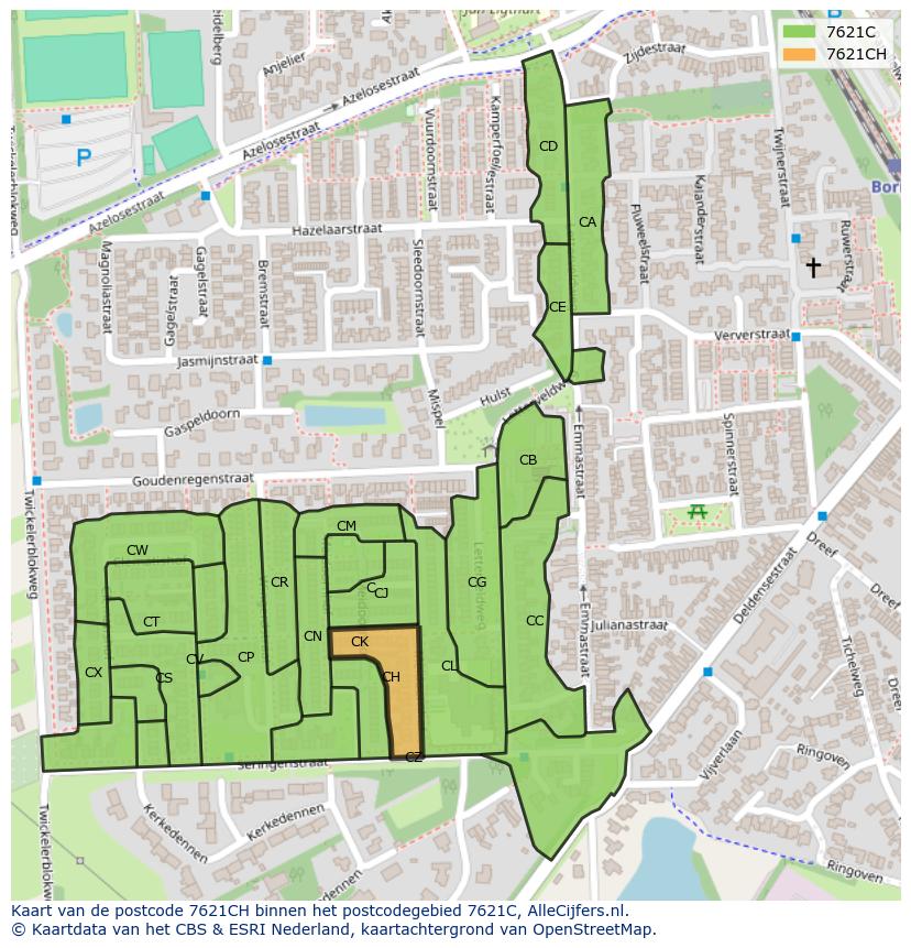 Afbeelding van het postcodegebied 7621 CH op de kaart.