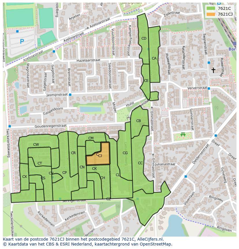 Afbeelding van het postcodegebied 7621 CJ op de kaart.