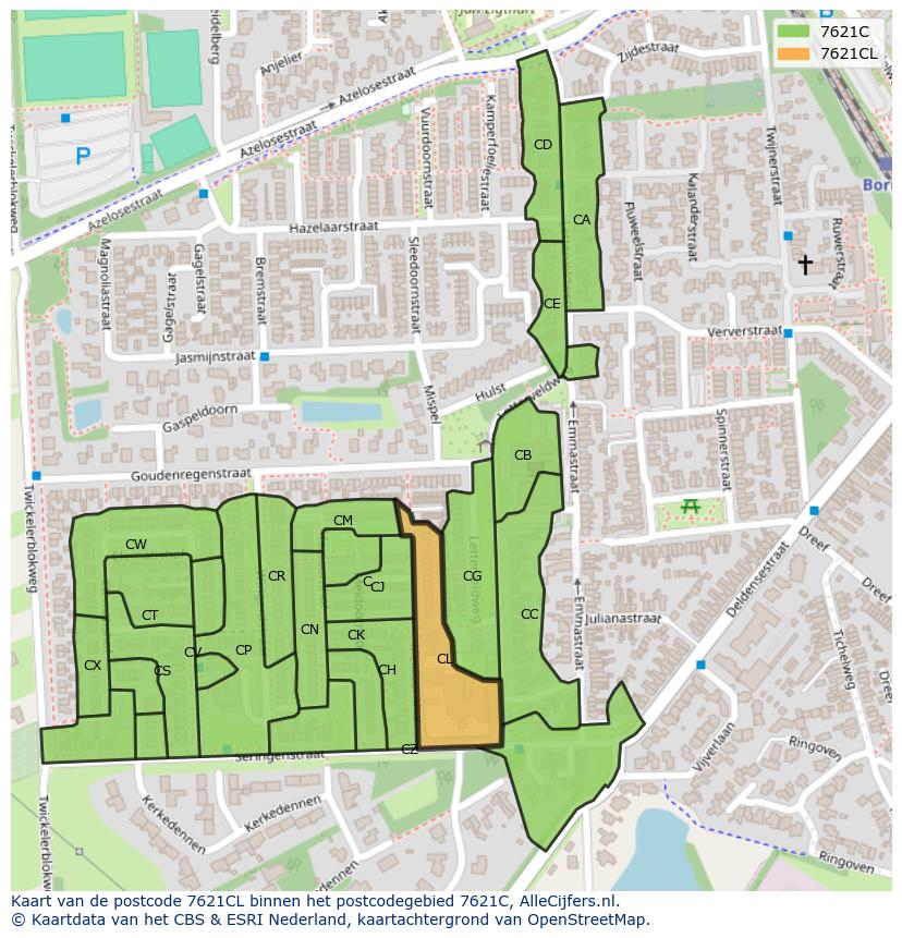 Afbeelding van het postcodegebied 7621 CL op de kaart.