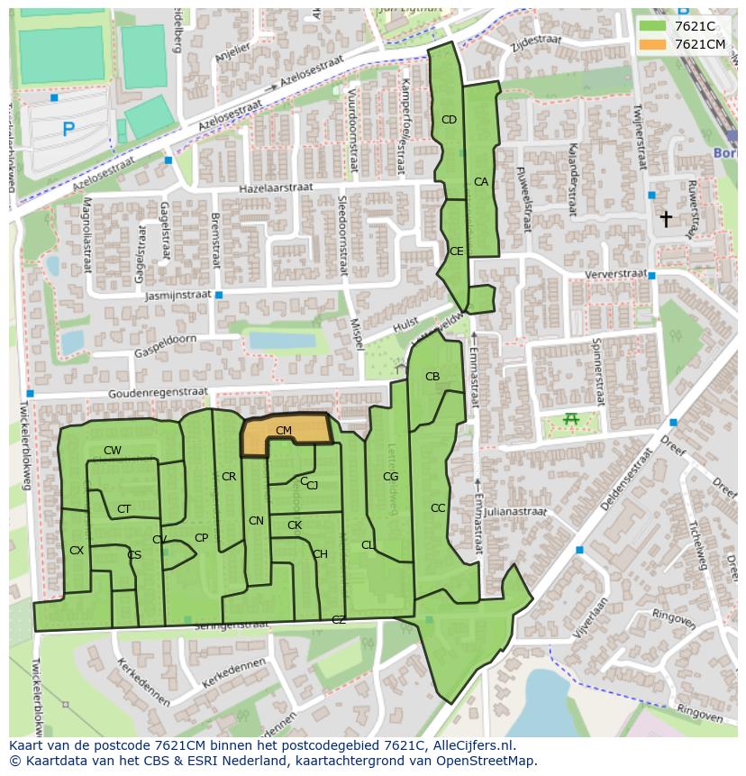Afbeelding van het postcodegebied 7621 CM op de kaart.