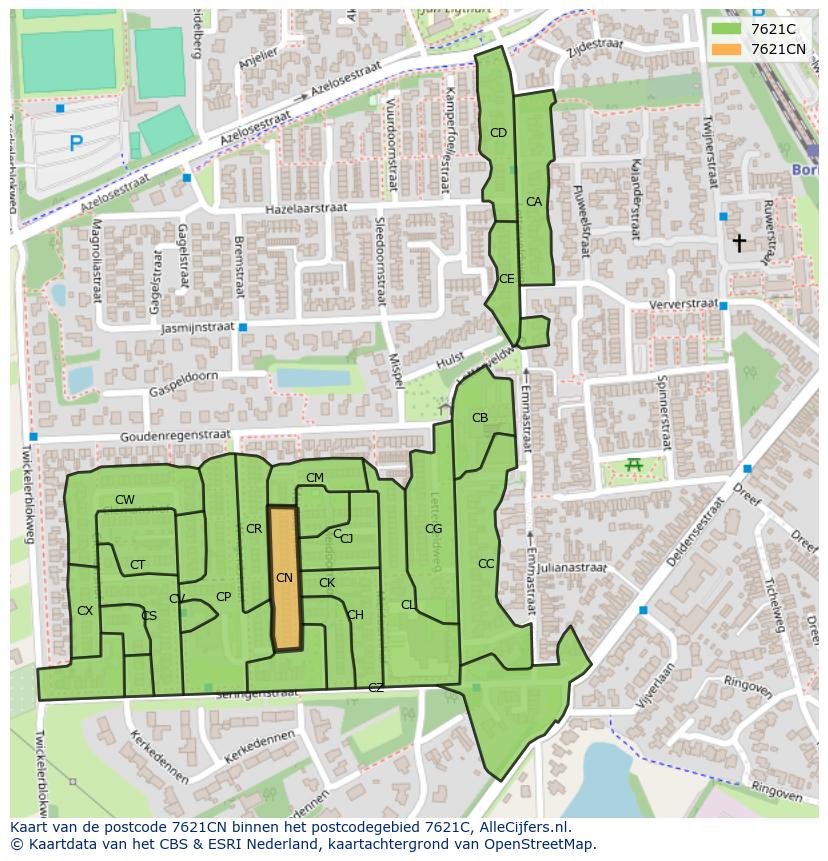 Afbeelding van het postcodegebied 7621 CN op de kaart.