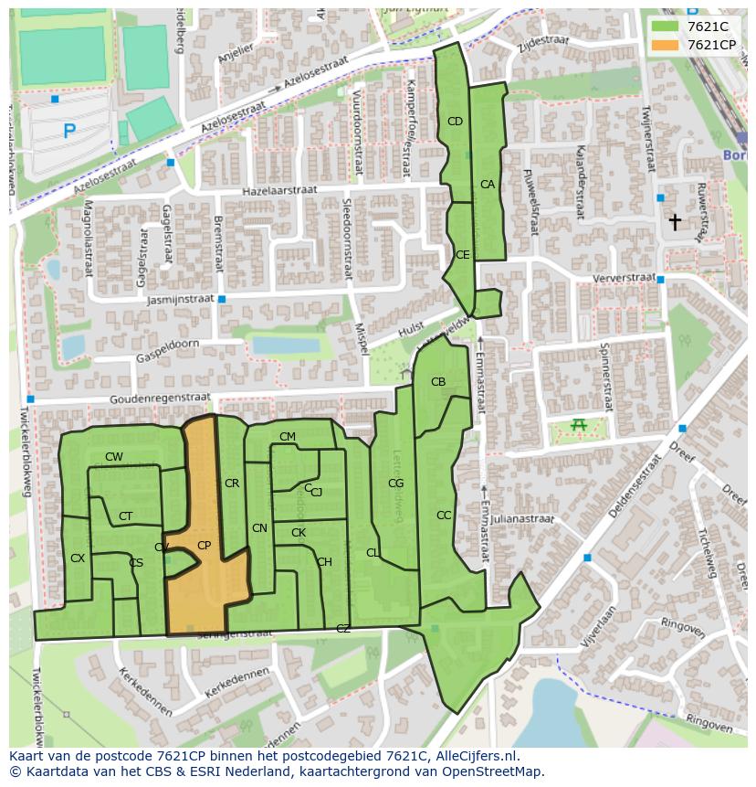 Afbeelding van het postcodegebied 7621 CP op de kaart.