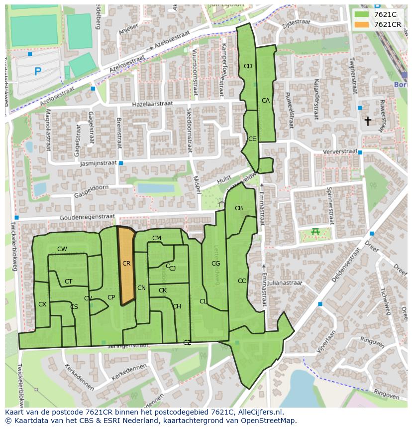 Afbeelding van het postcodegebied 7621 CR op de kaart.
