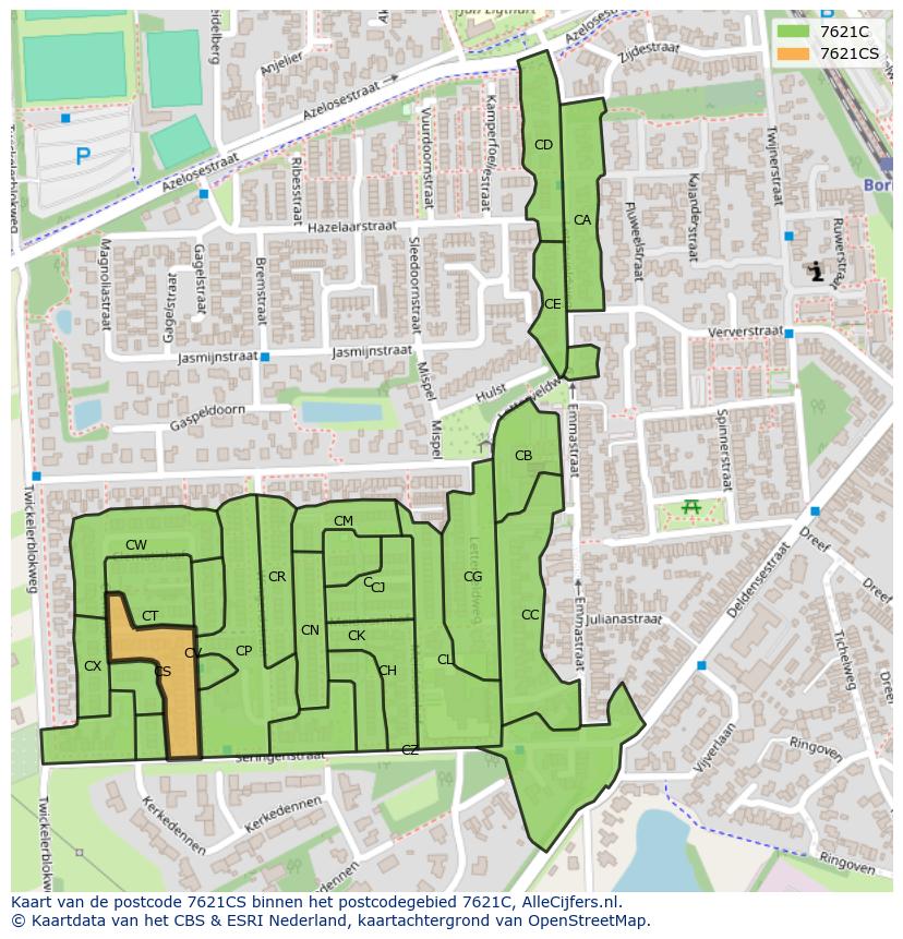 Afbeelding van het postcodegebied 7621 CS op de kaart.