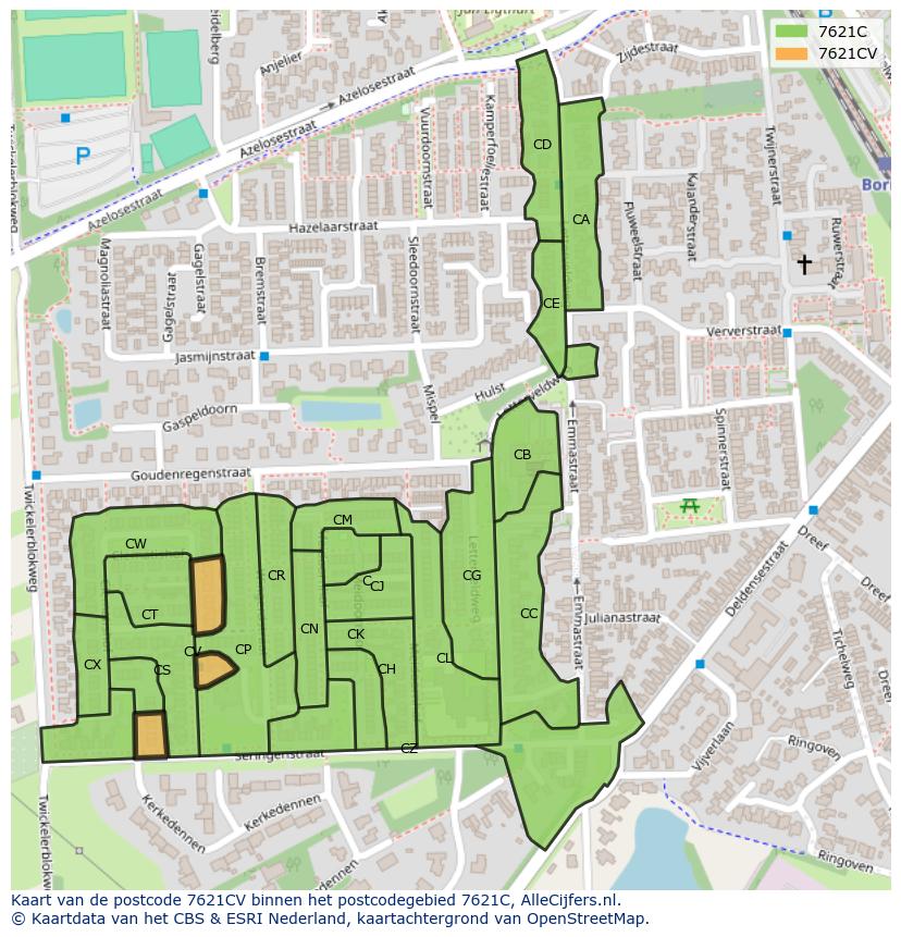 Afbeelding van het postcodegebied 7621 CV op de kaart.