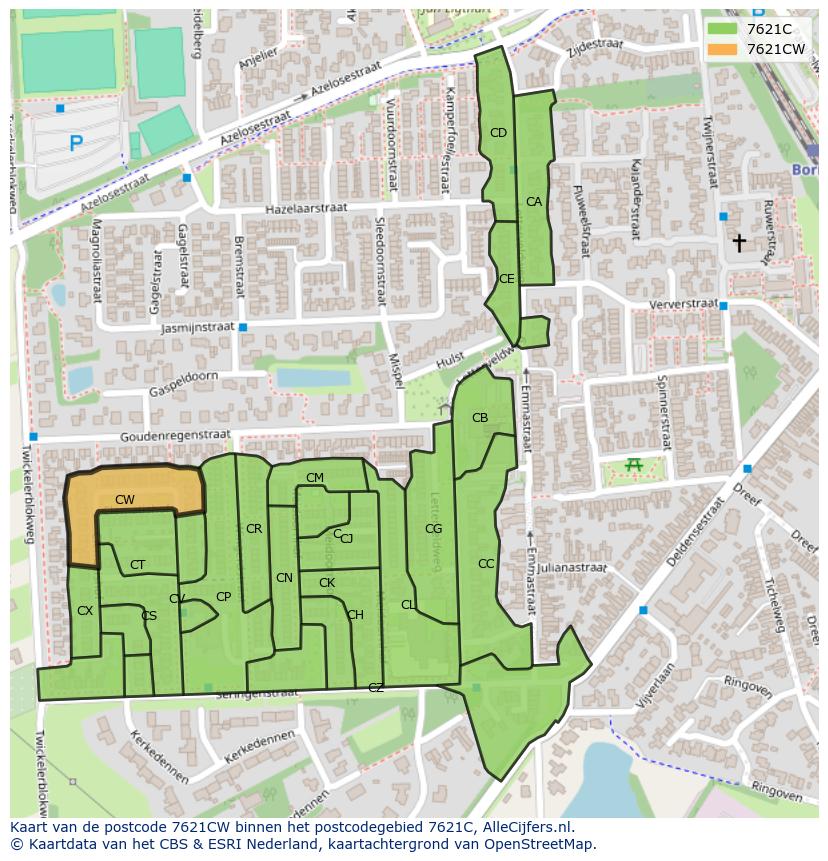 Afbeelding van het postcodegebied 7621 CW op de kaart.