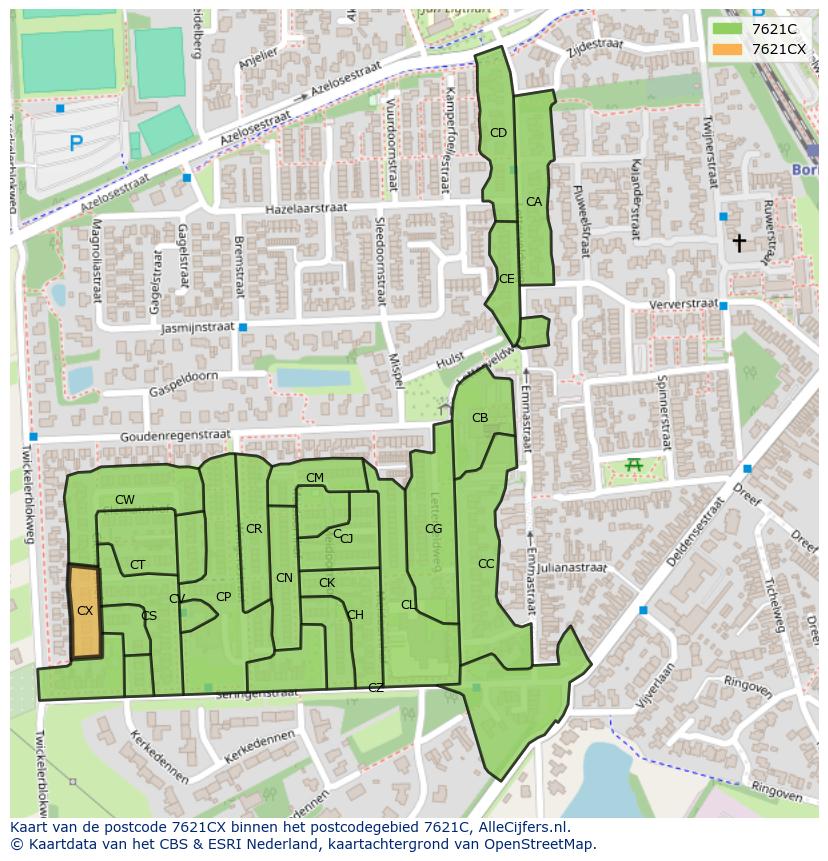 Afbeelding van het postcodegebied 7621 CX op de kaart.