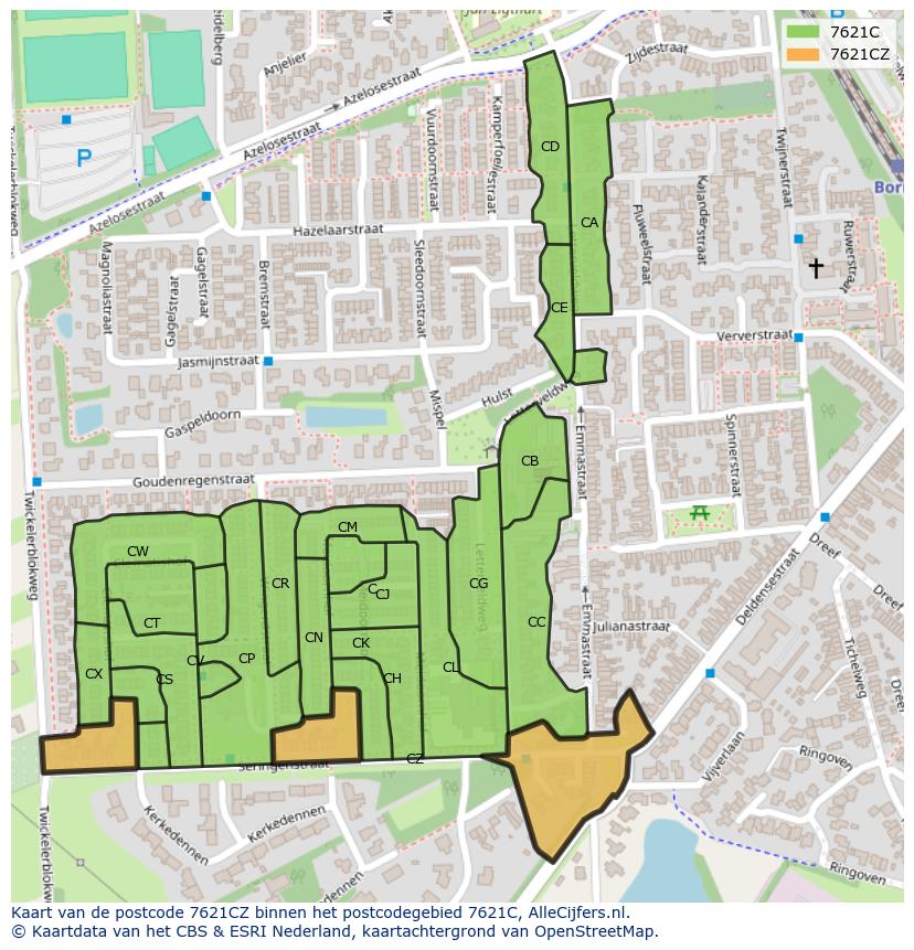 Afbeelding van het postcodegebied 7621 CZ op de kaart.
