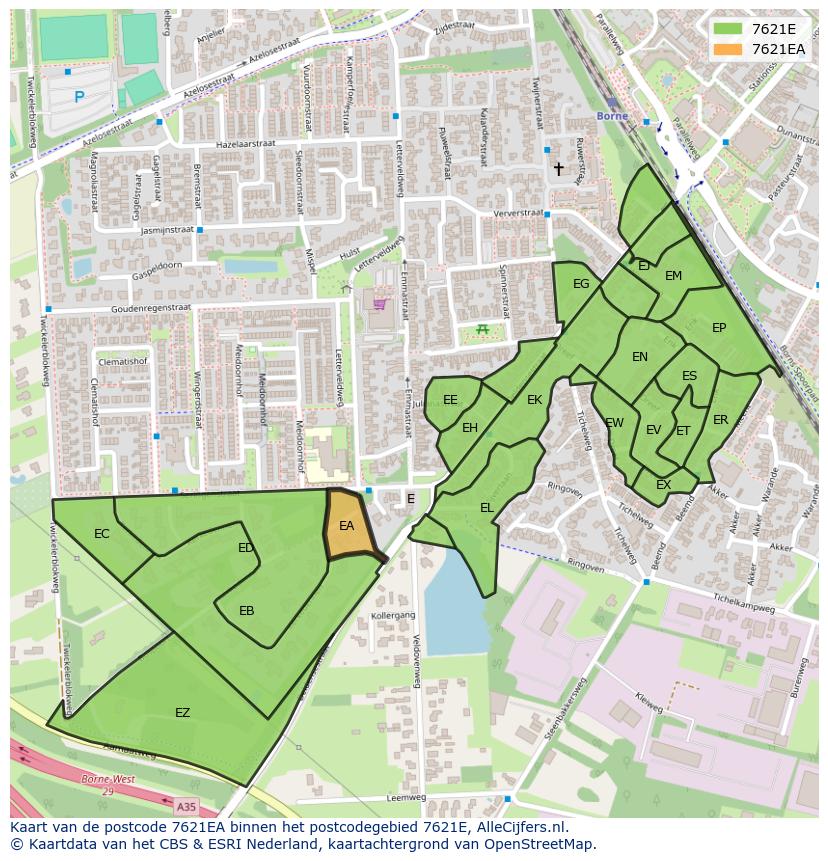 Afbeelding van het postcodegebied 7621 EA op de kaart.