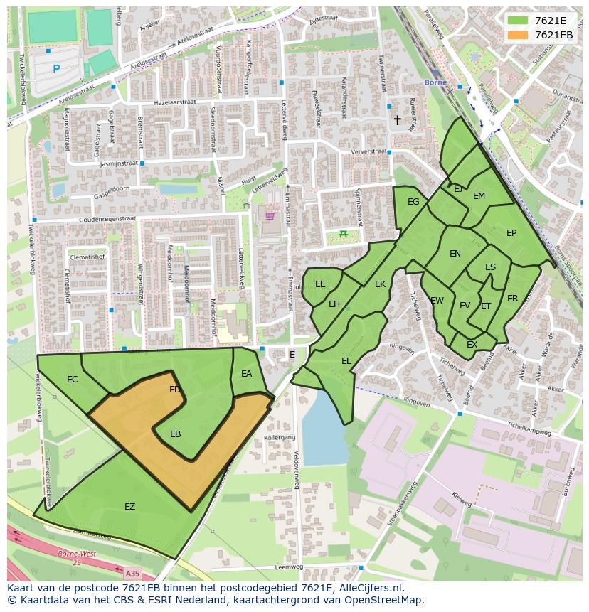 Afbeelding van het postcodegebied 7621 EB op de kaart.