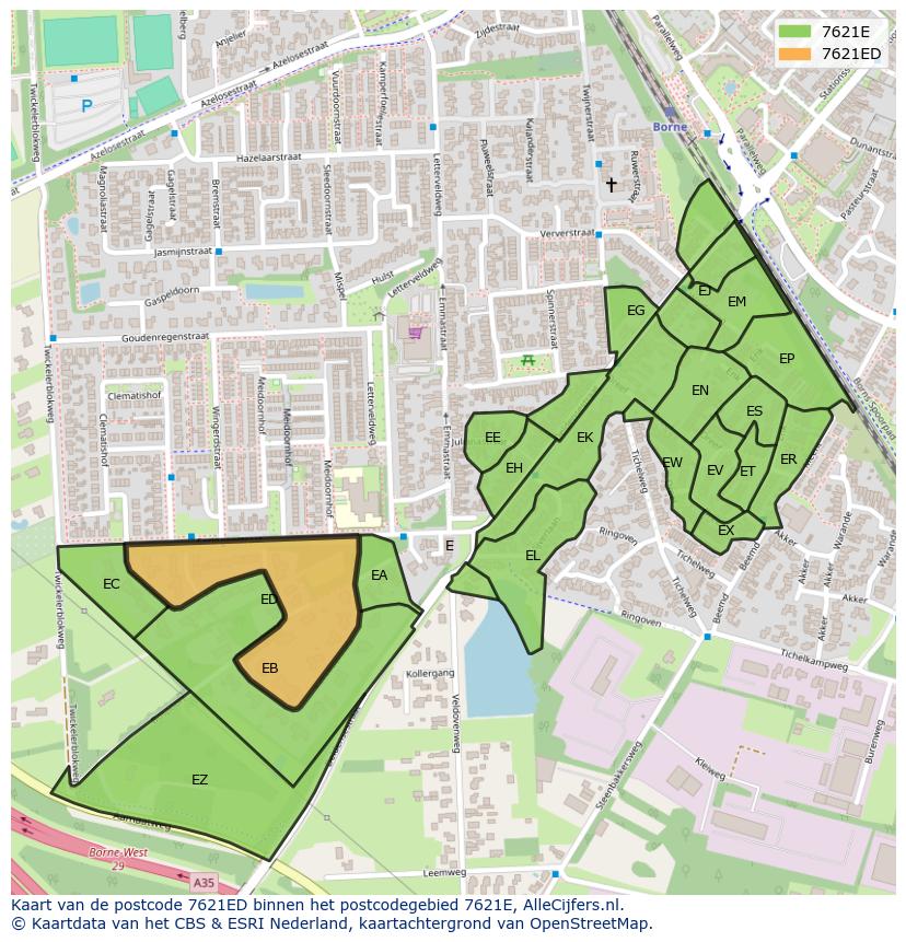 Afbeelding van het postcodegebied 7621 ED op de kaart.