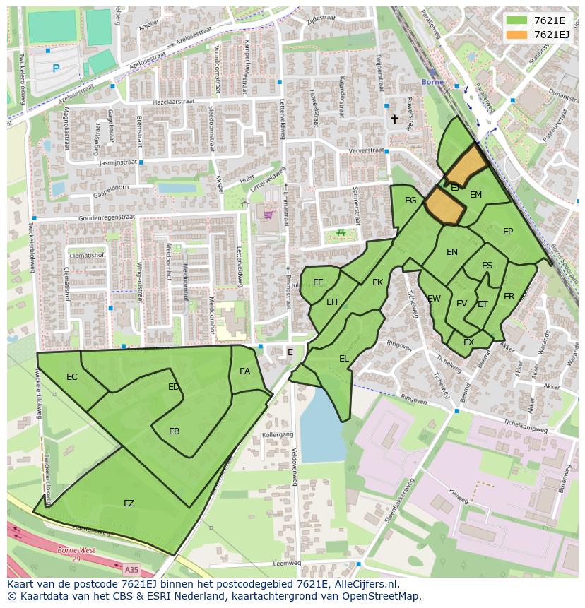 Afbeelding van het postcodegebied 7621 EJ op de kaart.