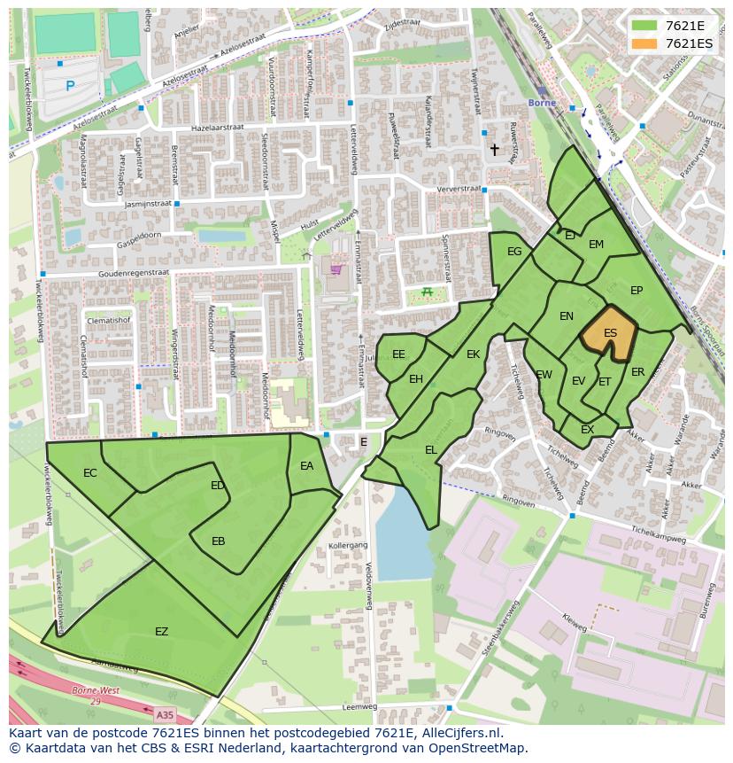 Afbeelding van het postcodegebied 7621 ES op de kaart.