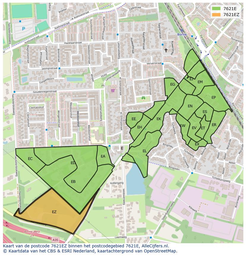 Afbeelding van het postcodegebied 7621 EZ op de kaart.