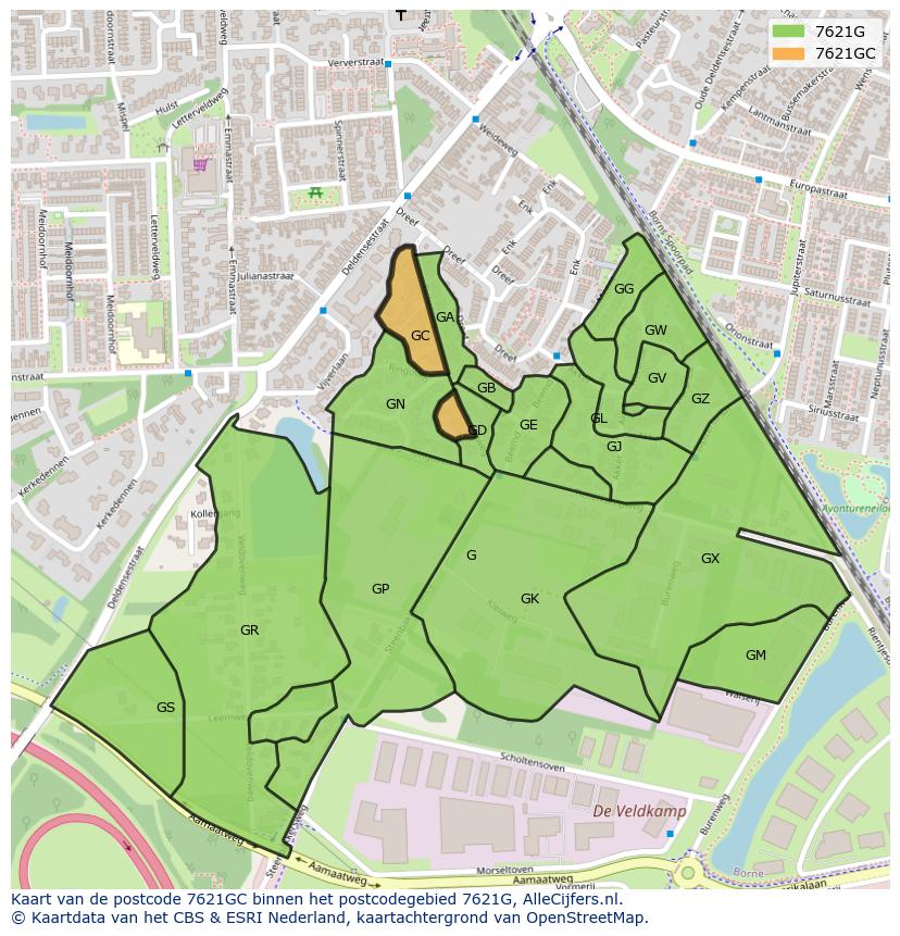 Afbeelding van het postcodegebied 7621 GC op de kaart.