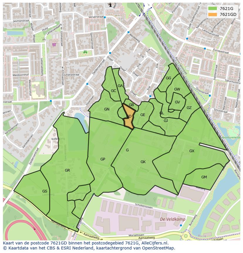 Afbeelding van het postcodegebied 7621 GD op de kaart.
