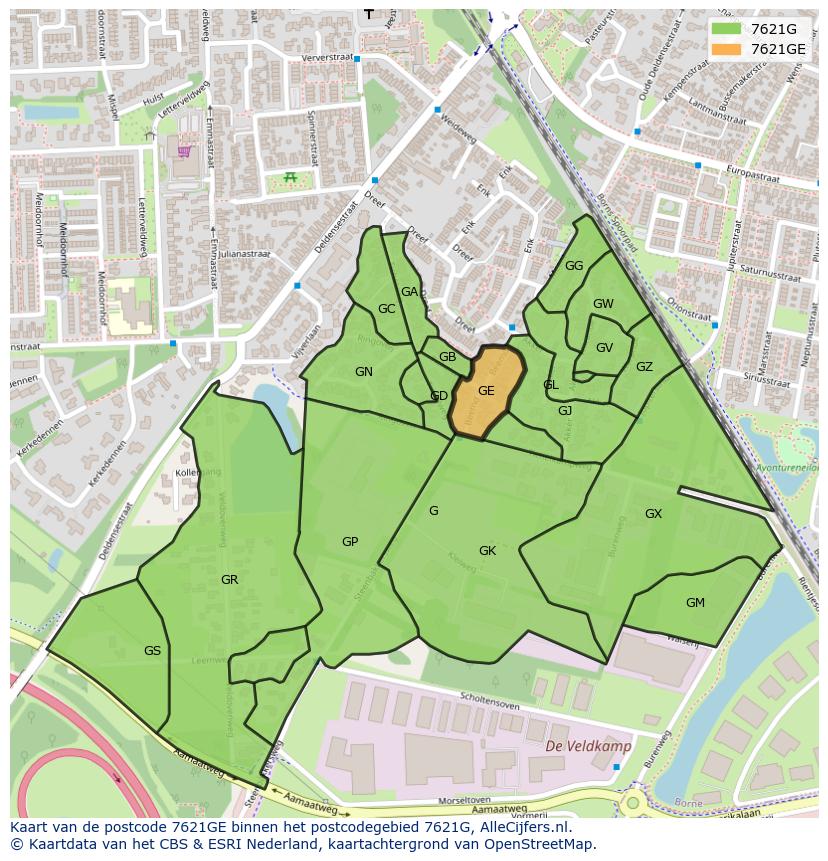 Afbeelding van het postcodegebied 7621 GE op de kaart.