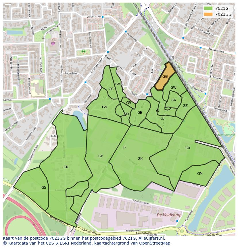 Afbeelding van het postcodegebied 7621 GG op de kaart.