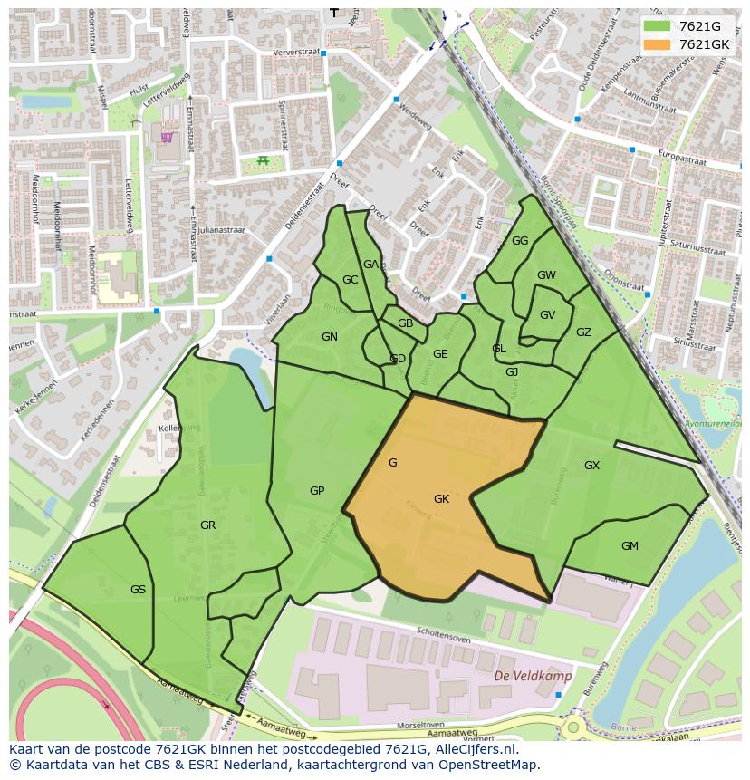 Afbeelding van het postcodegebied 7621 GK op de kaart.