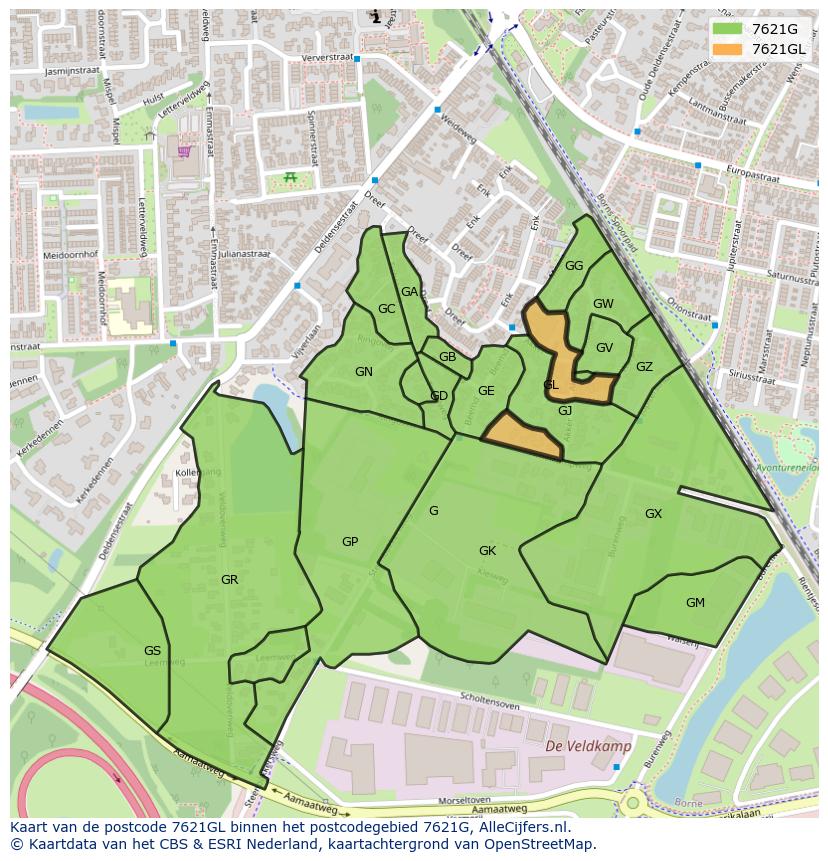 Afbeelding van het postcodegebied 7621 GL op de kaart.