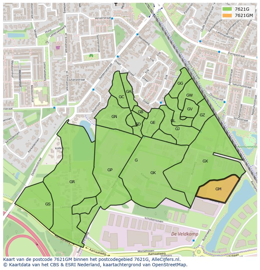 Afbeelding van het postcodegebied 7621 GM op de kaart.