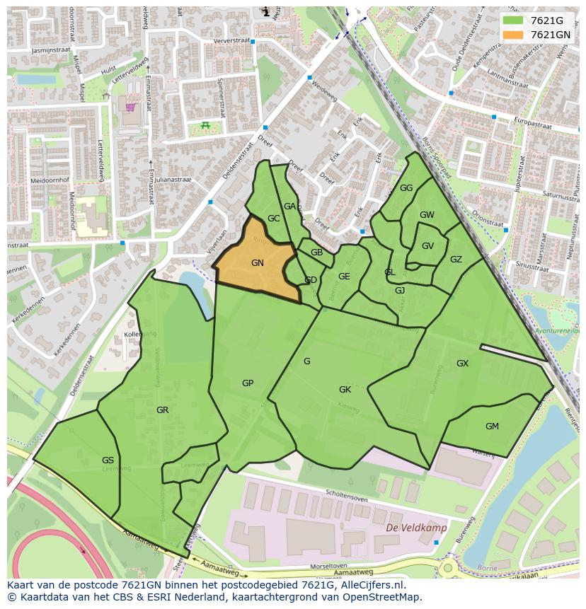 Afbeelding van het postcodegebied 7621 GN op de kaart.
