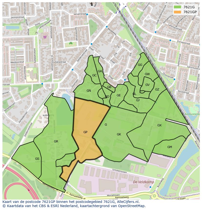 Afbeelding van het postcodegebied 7621 GP op de kaart.