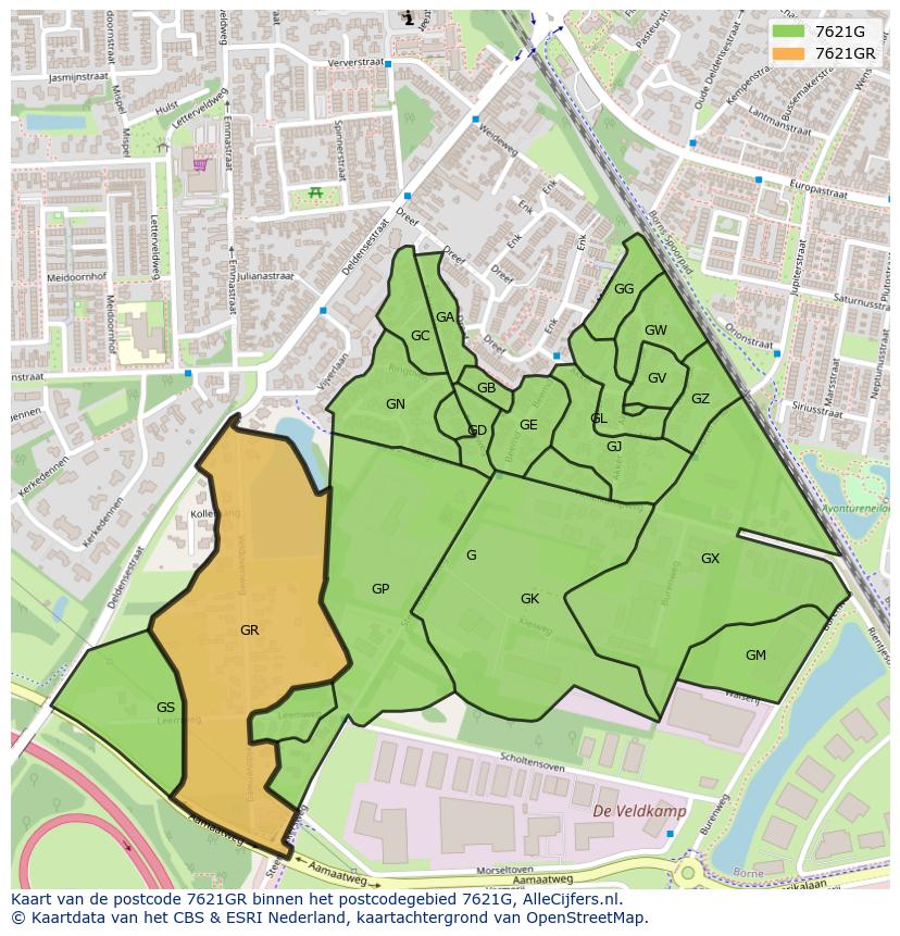 Afbeelding van het postcodegebied 7621 GR op de kaart.