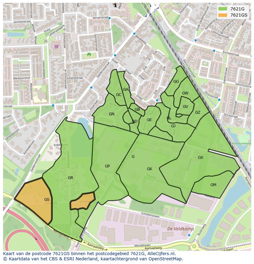 Afbeelding van het postcodegebied 7621 GS op de kaart.