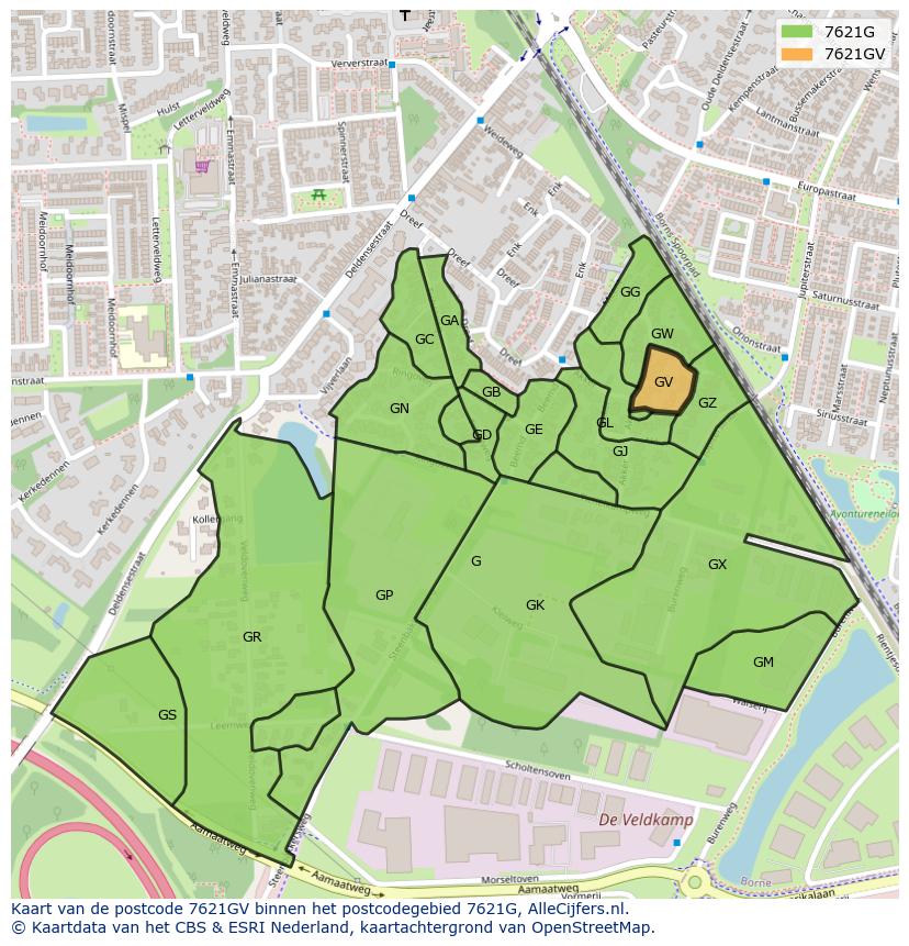 Afbeelding van het postcodegebied 7621 GV op de kaart.