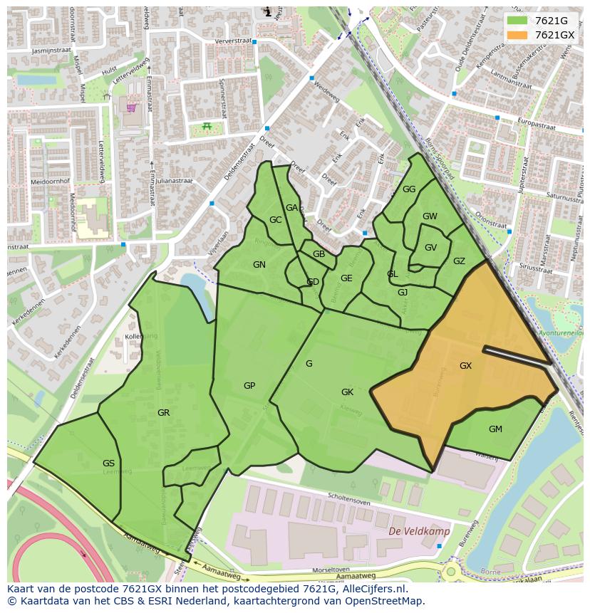 Afbeelding van het postcodegebied 7621 GX op de kaart.