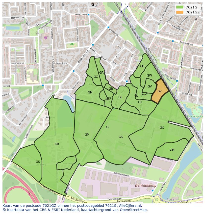 Afbeelding van het postcodegebied 7621 GZ op de kaart.