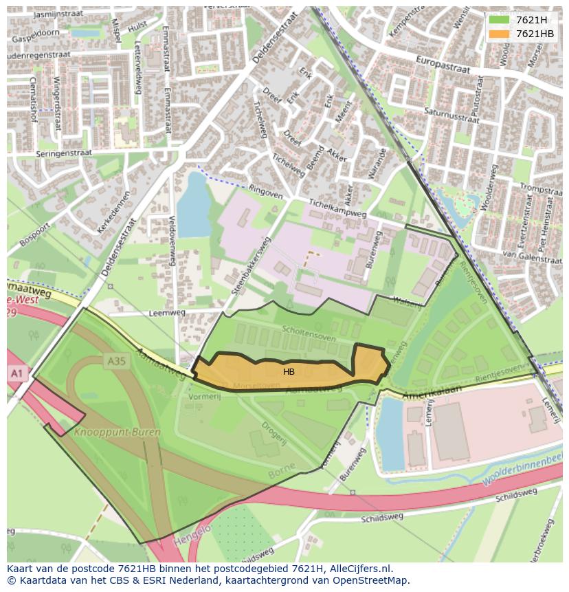 Afbeelding van het postcodegebied 7621 HB op de kaart.