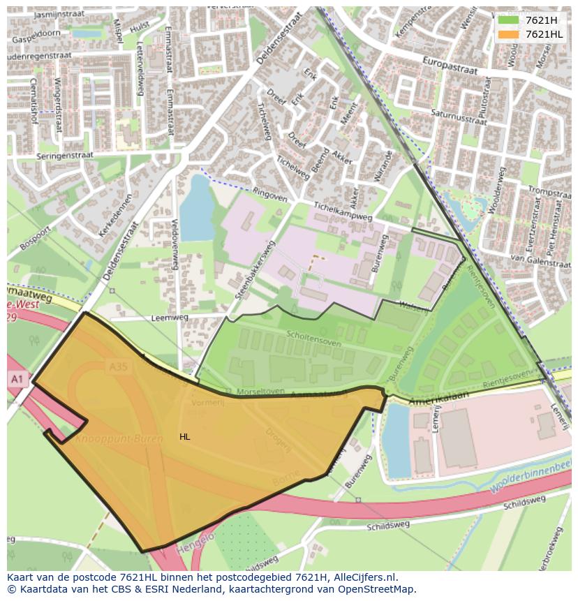 Afbeelding van het postcodegebied 7621 HL op de kaart.