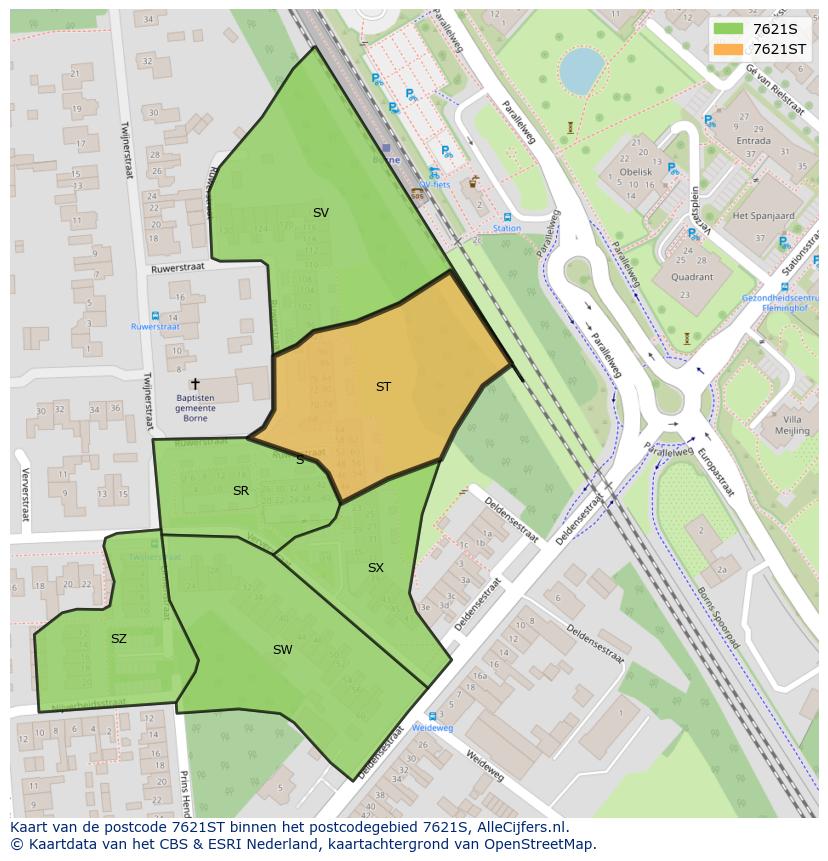 Afbeelding van het postcodegebied 7621 ST op de kaart.