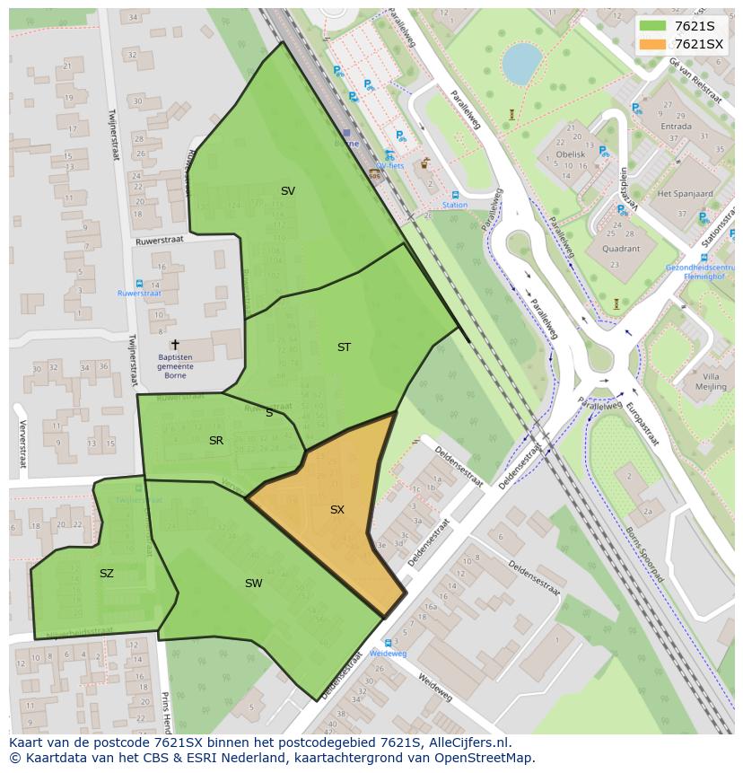 Afbeelding van het postcodegebied 7621 SX op de kaart.