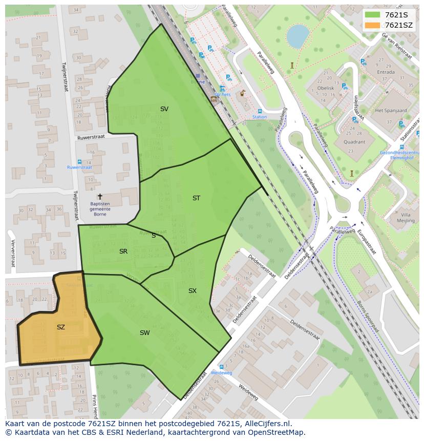 Afbeelding van het postcodegebied 7621 SZ op de kaart.