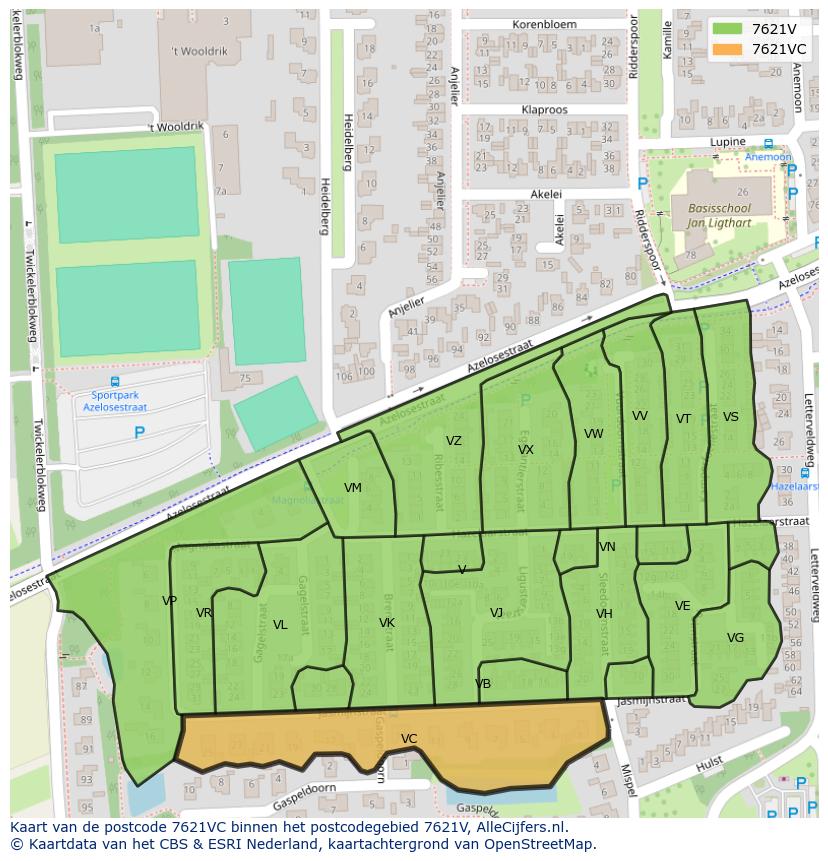 Afbeelding van het postcodegebied 7621 VC op de kaart.