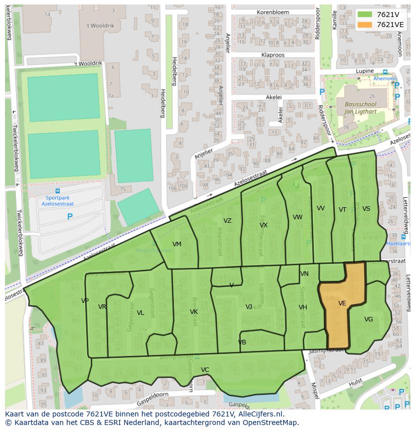 Afbeelding van het postcodegebied 7621 VE op de kaart.