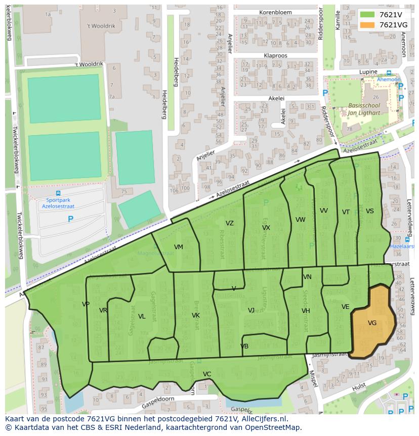 Afbeelding van het postcodegebied 7621 VG op de kaart.