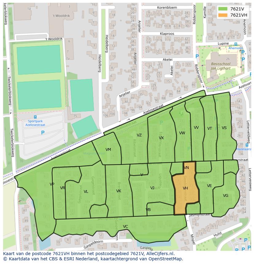 Afbeelding van het postcodegebied 7621 VH op de kaart.