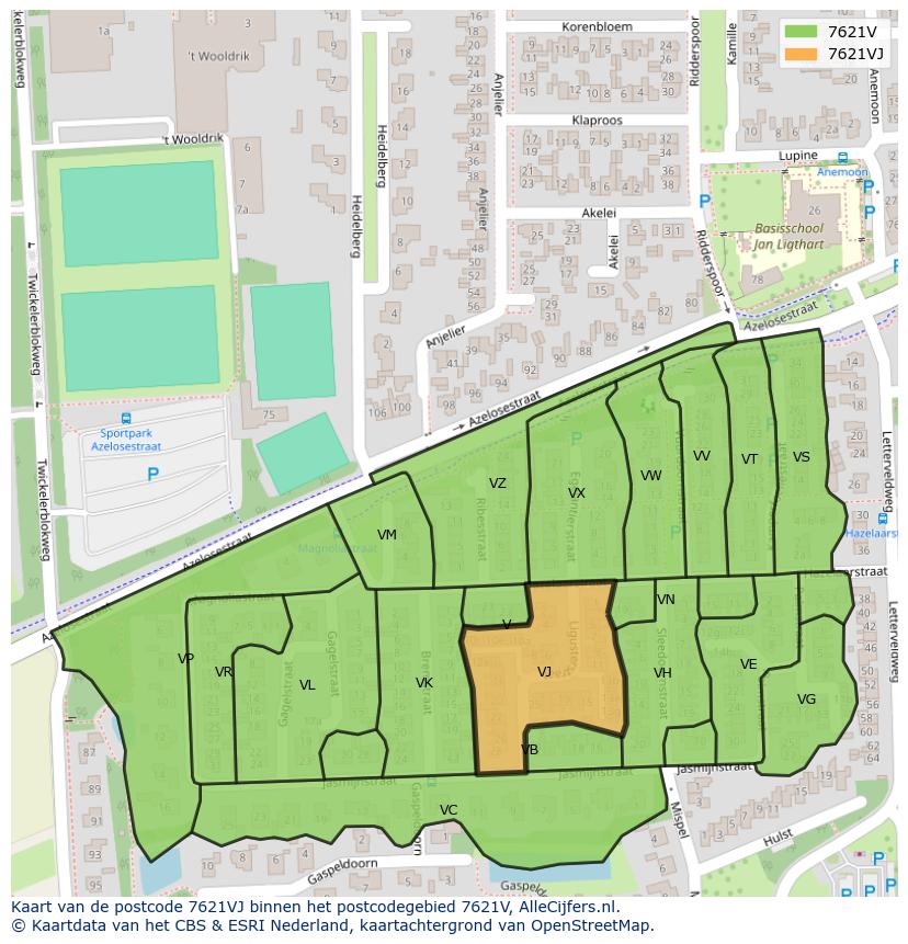 Afbeelding van het postcodegebied 7621 VJ op de kaart.