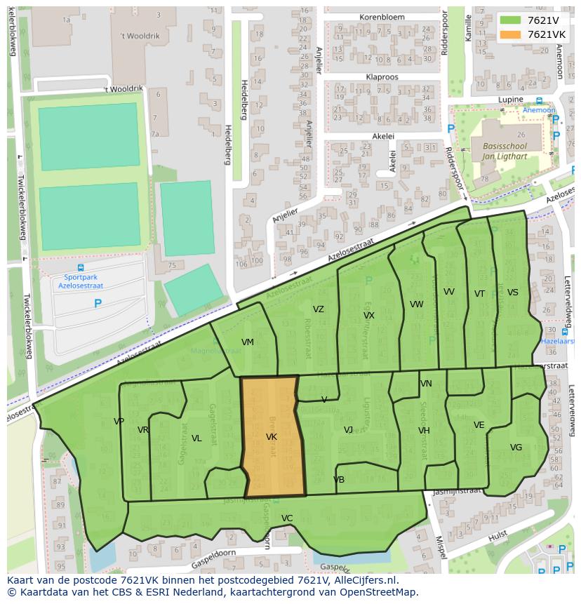 Afbeelding van het postcodegebied 7621 VK op de kaart.