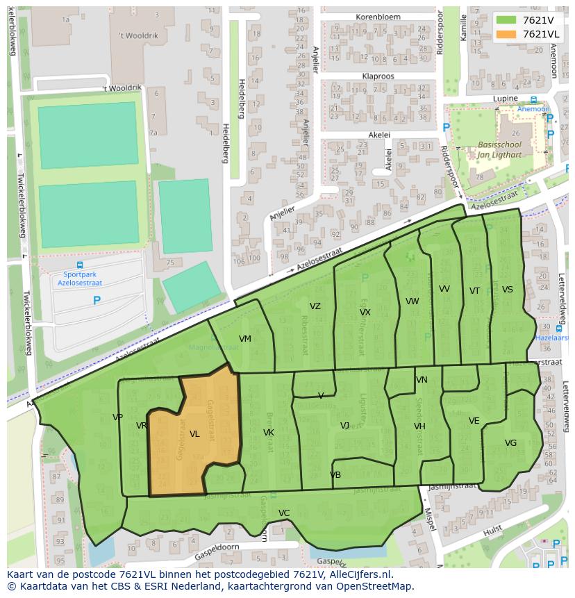 Afbeelding van het postcodegebied 7621 VL op de kaart.