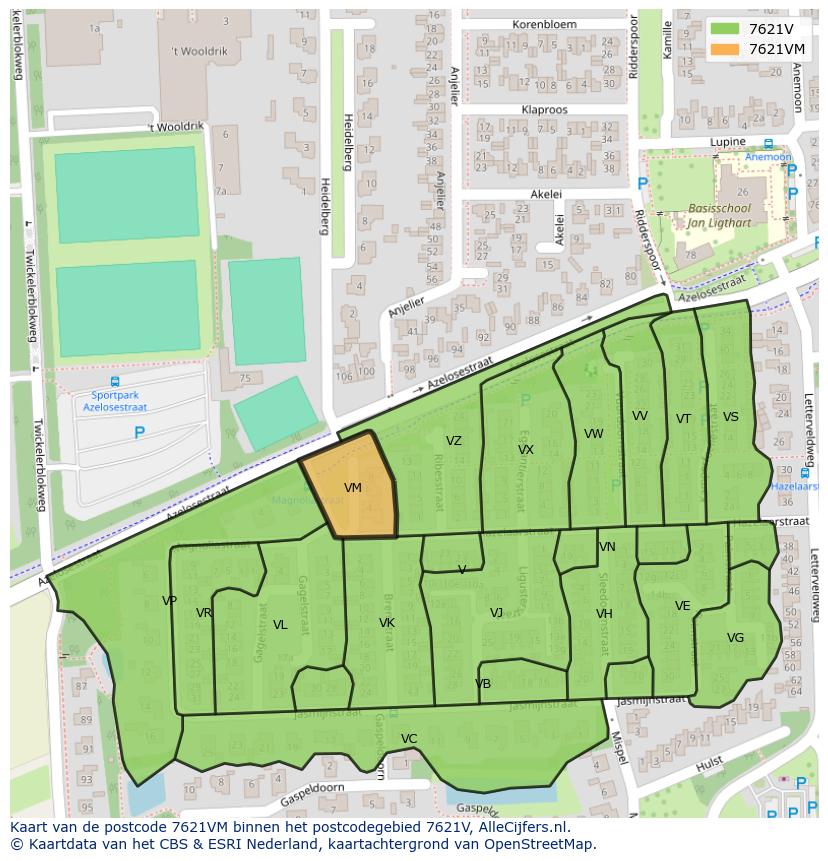 Afbeelding van het postcodegebied 7621 VM op de kaart.