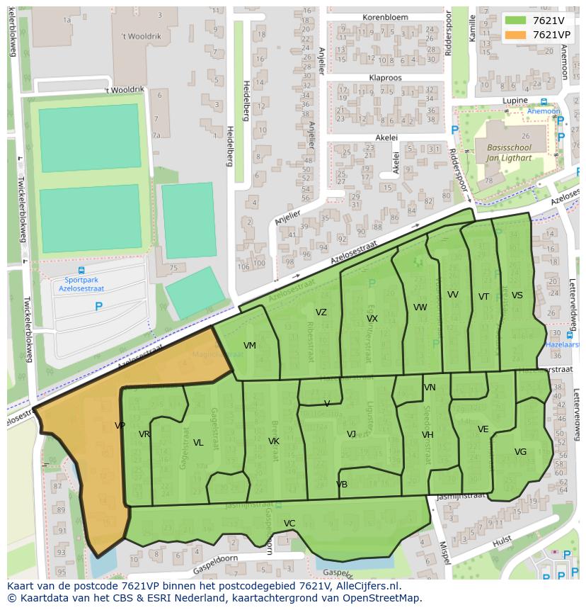 Afbeelding van het postcodegebied 7621 VP op de kaart.