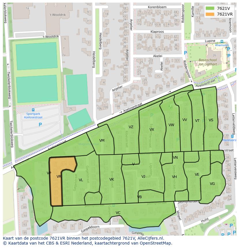 Afbeelding van het postcodegebied 7621 VR op de kaart.