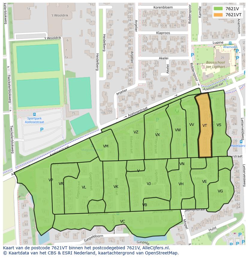 Afbeelding van het postcodegebied 7621 VT op de kaart.