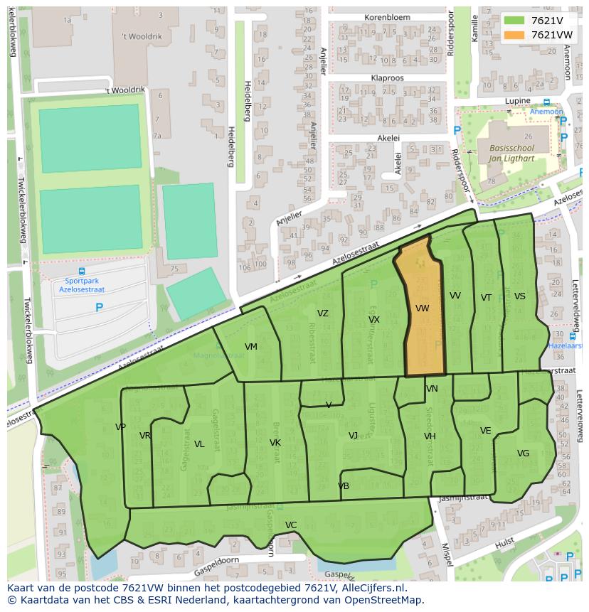 Afbeelding van het postcodegebied 7621 VW op de kaart.