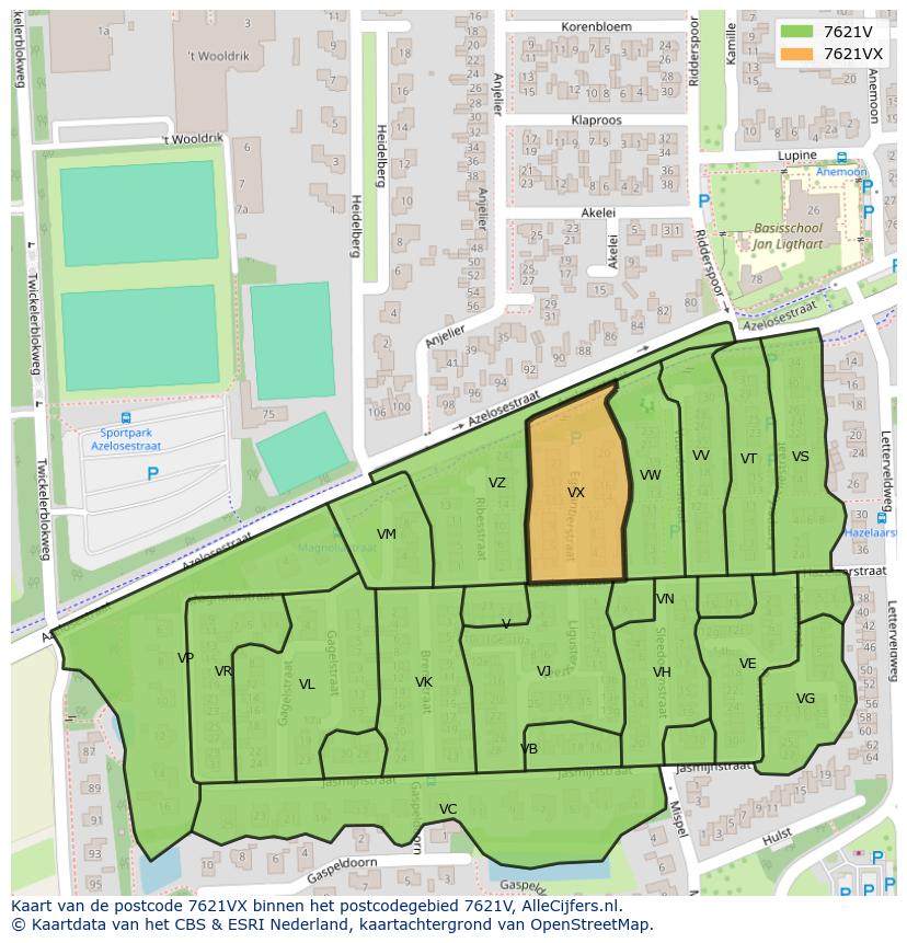 Afbeelding van het postcodegebied 7621 VX op de kaart.